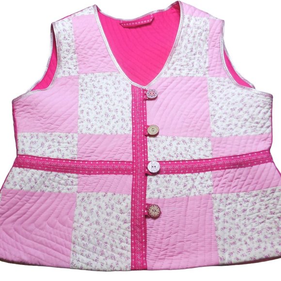 Vintage Vest Quilted Patchwork Cotton button down pink floral size Large Petite - Picture 1 of 17
